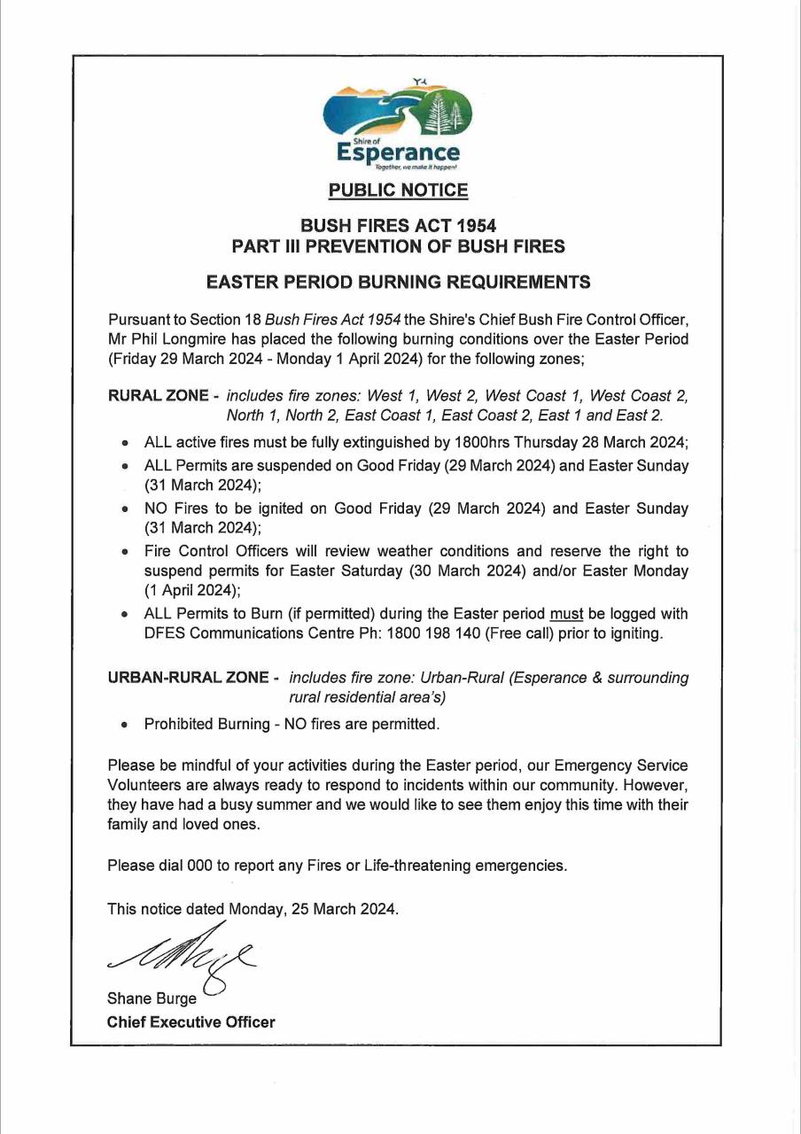 Public Notice Easter Period Burning Requirements