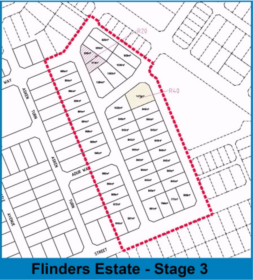 Map showing cadastral plan (lot and street layout) for Flinders Estate Stage 3