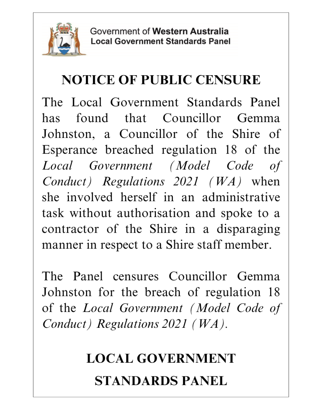 Censure Notice Cr Johnston