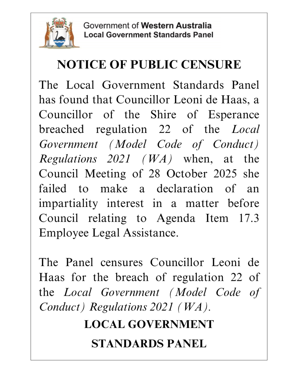 Censure Notice Cr de Haas