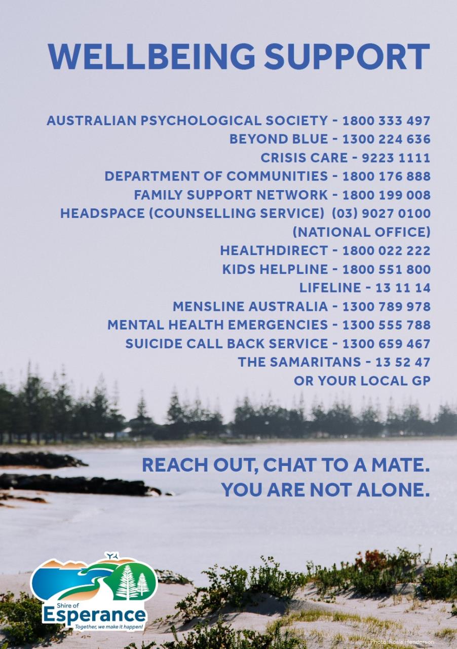 Wellbeing Support graphic with a list of phone numbers to contact for help.