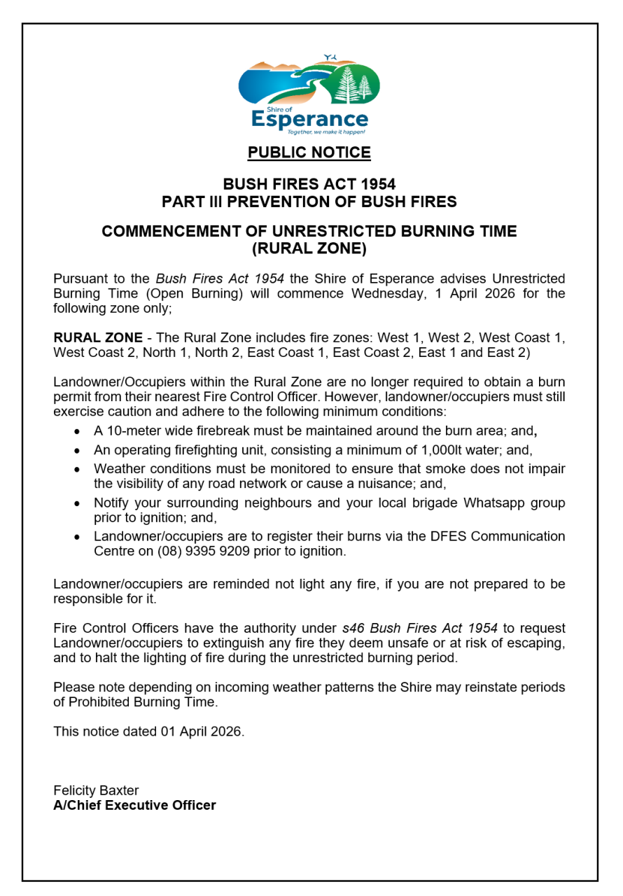 Public Notice for COMMENCEMENT OF UNRESTRICTED BURNING TIME (RURAL ZONE)