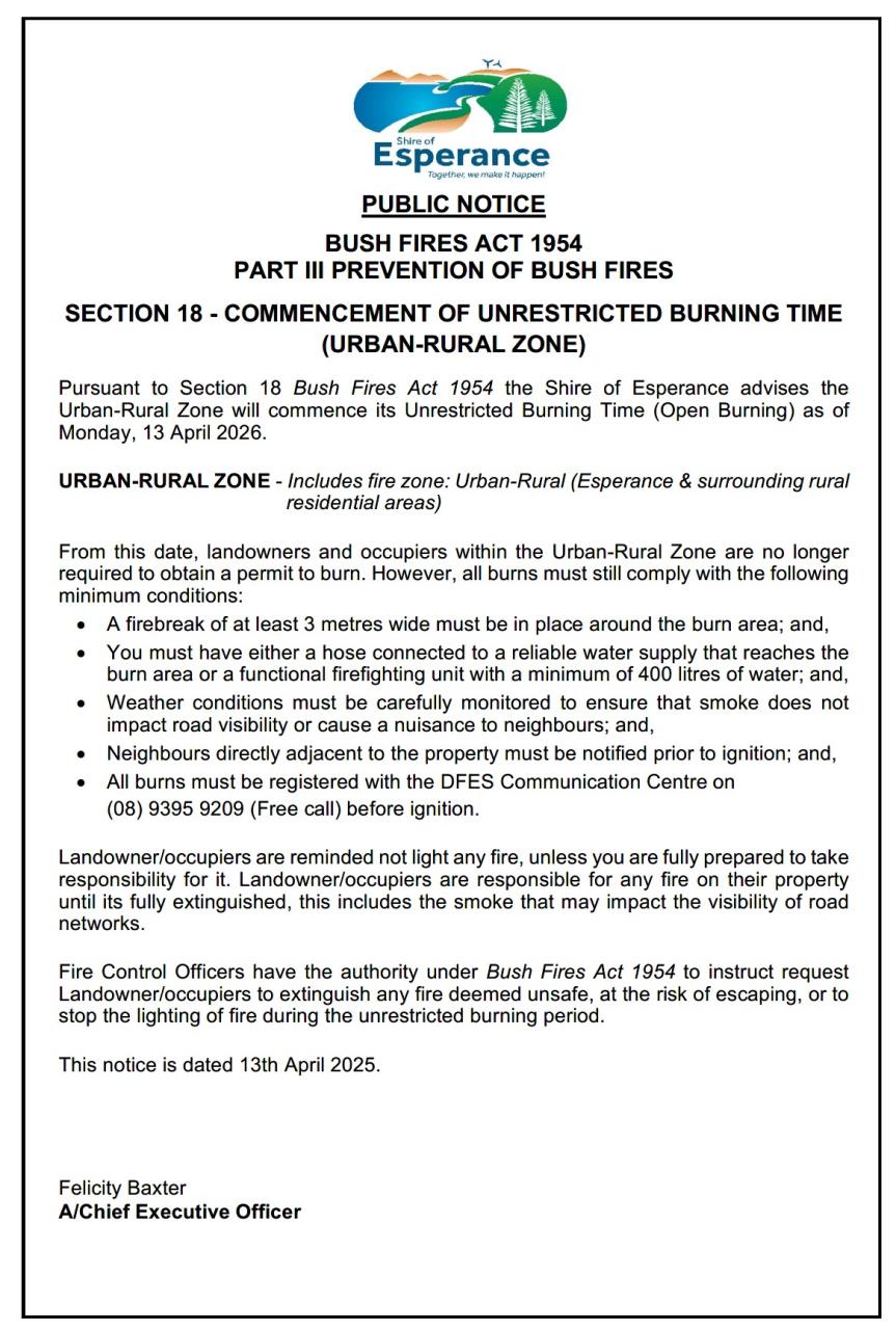 Public Notice Commencement of Unrestricted Burning Time (Urban-Rural Zone)