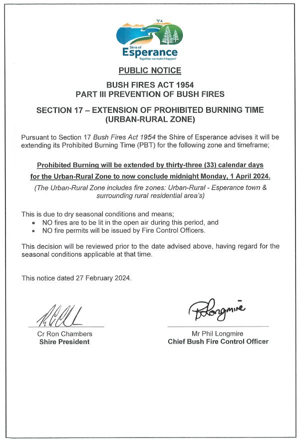 PUBLIC NOTICE - Extension of Prohibited Burning Time (Urban-Rural Zone)